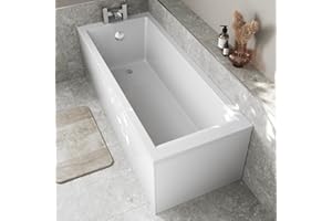 Baystone 1600 x 700mm Single Ended Straight Bath White Gloss Soaking Bathttub, Acrylic Baths for Bathrooms, Straight Square, Adjustable Feet, Side Panel Included