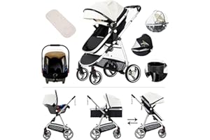 Kakbgee PU Leather Cochecito 3 en 1, Cochecitos Citadines con asiento de coche, Cochecitos de caña portátil plegable con un solo clic, cochecitos combinados de paisaje alto marco de aluminio