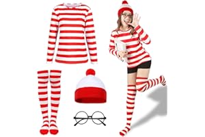 Moiuguli Adult World Book Day Costume Long-Sleeved Red and White Striped T-Shirt, White & Red Bobble Hat, Socks, Round Glasses Carnival World Book Day Costumes Fancy Dress for Women