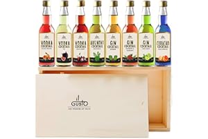 IL GUSTO Premium Cocktail Selection Gift Set - 8 Unique Flavours | Fig, Sour Cherry, Blood Orange, Curacao, Absinthe, Lime & Basil, Raspberry, Rhubarb, Gin & Vodka | Pack of 8-40ml each (Wooden Box)