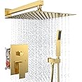 Dlvsoby Rain Shower System 10 Inches Shower Head with Handheld Combo Set for Bathroom,High Pressure Rainfall Shower Faucet Set Wall Mounted,Rough-in Valve and Trim Kit(Brushed Gold)