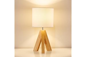 HesenDot Bedside Table Lamp, Wood Tripod 3 Way Dimmable Nightstand Lamp,White Linen Fabric Lampshade, Small Bedroom Lamp for Nursery Kids Room College Dorm Living Room Office,1 LED Bulb Included