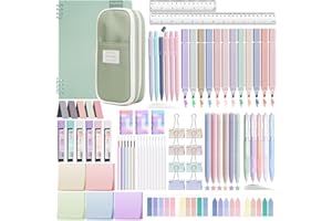 YIBONIKA 80 PCS Aesthetic Stationery Supplies with Green Pencil Case & Notebook, 12 Pastel Highlighters, 6 Colour Pens, 5 Black Pens, 6 Mechanical Pencils, Stationery Set for School Office