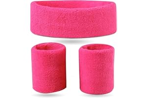 FASCHINFEVER 3er Set Schweißband & Stirnband Set pink - Vokuhila-Outfits & Retro der 80er und 90er - Accessoire für Fasching und Karneval