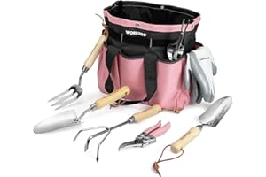 WORKPRO Outils de Jardinage Rose 8 Pièces, Ensemble de Jardinage en Acier Inoxydable Lourd avec Poignée de Bois, Sécateur, Gants, Sarcloir, Griffe, Fourche, Pelle à Terreau, Transplantoire
