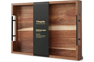 Fibogollo Acacia Wood Serving Tray with Metal Handles,17x12in Ottoman Decorative Trays Platter for Coffee Table,Living Room,Bar,Party(Large)