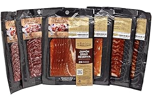 aBeiou. LOTE SURTIDO DE LONCHEADOS IBERICOS 2 Estuches Jamon Duroc +25 meses, 2 Sobres Chorizo Iberico Bellota y 2 Sobres Salchichón Iberico Bellota. 600 gr (6 X 100gr)