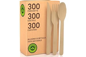 BACIATO CAFFÈ Set Posate Ecologiche in Legno di Betulla 300 Forchette + 300 Coltelli + 300 Cucchiai - Monouso 100% Naturali Biodegradabili e Compostabili Usa e Getta