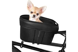 SOUUXIU Dog Bike Basket, Mountain Bike Shopping Basket, Portable Cat and Dog Carrier for Front Crossbar of Bike with Sponge Lining Seat Belt (Black)