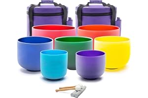 KVKA Crystal Singing Bowl Set, 6-12 Inch 432 Hz Colourful Quartz Sound Healing Singing Bowl for Meditation Yoga Relaxation Stress Relief with Carry Bag