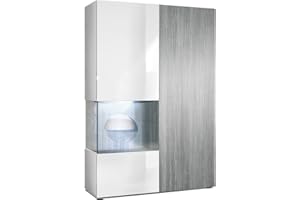 Vladon Vitrine Kommode Hochschrank Morena, Korpus in Weiß matt/Rechte Tür und der Einsatz in Avola Anthrazit, inkl. LED Beleuchtung