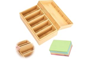 A7 Karteikarten Box Holz, 22x12,6x9cm Karteikarten Holzbox mit Deckel, Holz Wortschatzbox Index Box mit 4 Herausnehmbar Trennwänden und 400 Stück Haftnotizen, für Büro, Zuhause (Inklusive Index Cards)