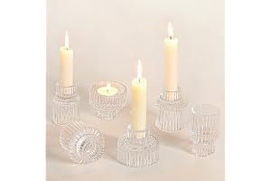 Cnwinu Uppsättning med 6 Glas Ljushållare, 2-i-1 Värmeljus och Stavljus för Bröllop, Matbord, Fest, Jul och Advent (Transpare