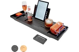 1 CLICK BUY Luxury Bamboo Bathtub Caddy Tray Bath Table with Wine Glass Holder, Book & Tablet Slot – Adjustable Spa Organizer for Relaxation – Includes Free African Exfoliating Towel