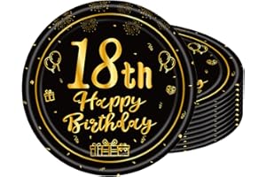 POPOYU 16pcs Black and Gold Paper Plates 18th, Happy Birthday Disposable Tableware Paper Plates 7 Inch,Happy 18th Birthday Decorations Plates for Men,Women,Him,Her 18th Birthday Gifts Party Supplies