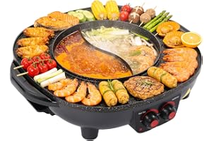 2 000 W elektrisk varmkanna och grill för 5–6 personer | Elektrisk multifunktionspanna, kapacitet 3 l, inomhus koreansk BBQ Thai grill fondue raclette