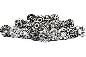 Nacnic Set di 20 pomelli in ceramica con motivi a mosaico floreale nero, dipinti a mano. Maniglie artigianali per armadi, cassetti, cassettiere e appendiabiti. Pomelli classici da 38 mm di diametro.