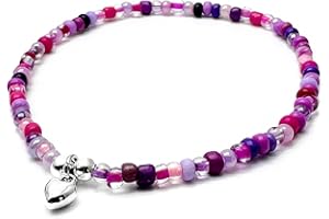 VILDA JEWELLERY Heart Charm Beaded Anklet, Pink and Purple Glass Seed Bead Mix with Silver Tone Charm : Size M/L 10 inches, Beach Boho Surfer Love Jewellery for Women
