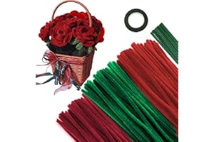 APKOL 300pcs Tiges de Fils Chenille Coloré Cure Pipes Rouge + Vert avec Fil de Fleurs en Ruban Floral Chenille Stems Pipecleaners pour Bouquets de rose Projets D'artisanat