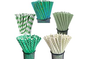 VVHFXD 125 sztuk słomek koktajlowych, zielono-białe paski, papierowe słomki w kropki, 5 stylów, papierowe słomki na wesele, urodziny, imprezę, do dekoracji koktajlowych