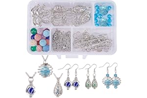 SUNNYCLUE 1 Box 54PCS Spiral Bead Cage Pendant Necklace Earrings Jewellery Making Kits Essential Oil Diffuser Locket Cage Charms Lava Chakra Gemstone Beads for Women DIY Jewellery Making Adults