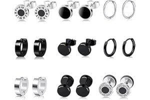 BVLAGIDA 9 Pares Pendientes Hombres Acero Inoxidable Pendientes de Aro Pendientes Fake Plug Negro Redondo Pendientes Hipoalergénico Barbell Pendientes para Hombres Mujeres
