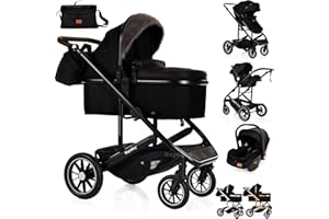 BAYOBAY 3 in 1 Travel System Baby Pram Buggy with Car Seat Pushchair Carriage Child Lightweight Folding Stroller for Newborns Toddlers from Birth up to 22kg New 2025 Style (BB1 - Black - Black, BB1)