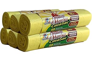 I PRODOTTI DI MARISA CSC - Sacchetti Spazzatura 110L con Laccetti, 60 Pz, Sacchi Spazzatura Grandi per Raccolta Differenziata Esterno e Interno, Sacchi Spazzatura 70x110 cm Antiforo - Buste Spazzatura 6 Rotoli, Giallo