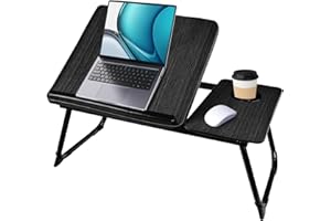 MULIN Tavolo Pieghevole e Tavolino da Letto 55.5x32x25cm - Vassoio da Portata con Leggio e Portabicchieri, 5 Posizioni Inclinazione, Supporto PC 15.6" fino a 20kg (Nero)