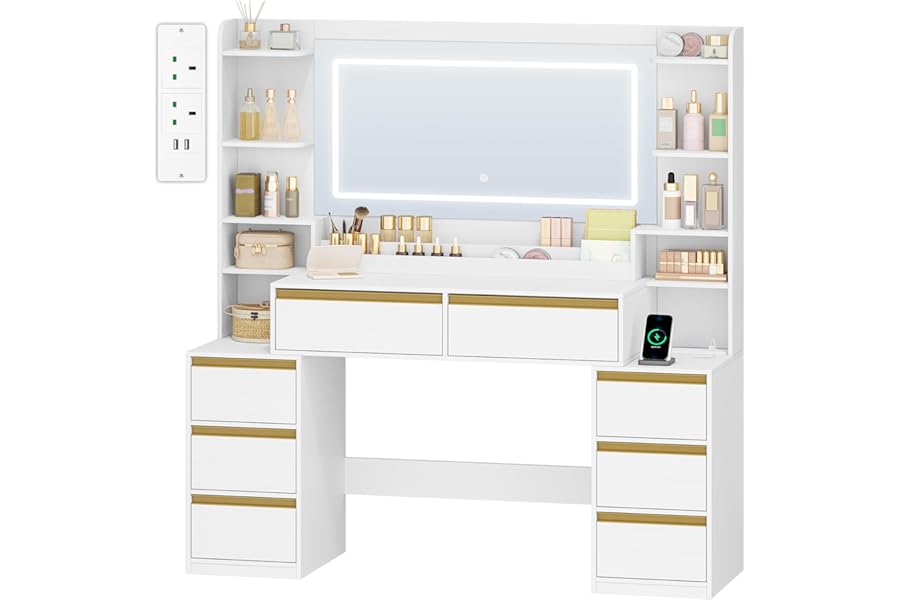 HEXCELEN 135 cm Dressing Table with Mirror, Vanity Desk, Adjustable 3-Colour LED Lights, Dressing Table with Plug, Hairdryer Holder, 8 Drawers, Open Storage Spaces, Modern, White-Gold