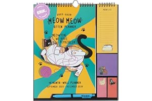 Grupo Erik: Calendario Famiglia 2026 Gatto Meow Meow | Calendario Gatti 2026 da muro con 4 colonne, 30x34cm, da Settembre 2025 a Dicembre 2026 con To Do List, stickers e penna inclusa