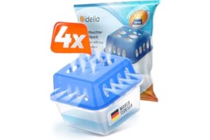 Idelia® 4 deumidificatori senza corrente – nuovo deumidificatore per cucina, bagno e soggiorno fino a 40 m² + 4 deumidificatori granulati da 400 g, protezione da muffa e odori