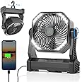 Gewanolla - Camping Fan with LED Light, 20000mAh Rechargeable Battery Camping Fan with Hook, 270° Pivot, 4 Speed, USB Table Fan for Camping, Fishing, Cutting