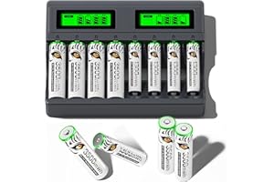 Mspalocell 4 akumulatory AA 1,5 V z ładowarką, 4 akumulatory litowe AAA z 8 gniazdami USB C Typ-C, niezależne ładowanie, inteligentna, szybka ładowarka z wyświetlaczem LCD do akumulatorów AA AAA