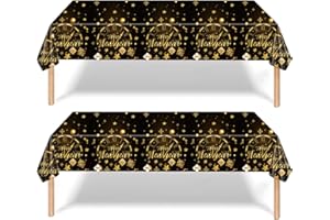 ATBEAMEN 2Pcs Happy Newyears Eve Party Tablecloth Decorations Tablecover,137*274cm BlackGold Clock Disposable Party Table Cloth Party Table Covers,Dining Tablecover for Winter Holiday Newyears Party Decor