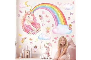 DECOWALL SG2-2321 Rainbow Wall Decals Unicorn Rainbow Butterflies Clouds Wall Stickers Baby Nursery Girls Bedroom Living Room Wall Décor