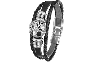 Flongo - Pulsera trenzada de piel para hombre, mujer, cadena de mano, color marrón/negro con árbol de la vida, aleación, estilo retro étnico