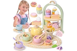 ATOYLINK Service à Thé en Bois Bébé Enfant Tea Party Set Présentoir à Cupcakes Théière Tasses à Thé Dinette Enfant Cuisine en Bois Jeux de Rôle Jouet Éducatif Cadeau Anniversaire Enfants Filles 3 4 5 6 7 Ans