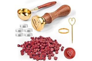 CoKeeSun 200 Perline di Ceralacca Rossa Ottagonale, Kit Con 5 Candele, Cucchiaio per Sciogliere, Timbro Sigillo per Inviti, Buste, Biglietti