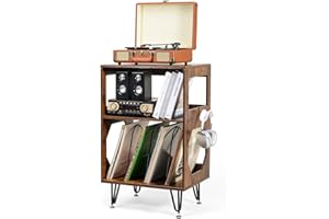IKKLE Vintage Plattenspieler-Ständer, Beistelltisch Plattenspieler Regal mit Aufbewahrung Holz Plattenspieler-Tisch, Vinyl Holder mit Metallfüßen Fasst 160 Alben für Wohnzimmer Schlafzimmer Büro