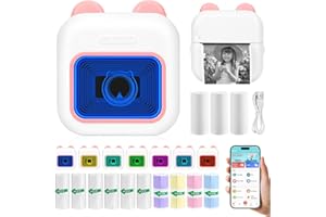 Ambesty Mini Drucker, Mobiler Fotodrucker, Tragbarer Mini Fotodrucker mit Sieben Farben LED und Spiegeln, Wireless Thermodrucker mit 13 Rollen Druckerpapie, Smartphone Bluetooth Drucker (Rosa)