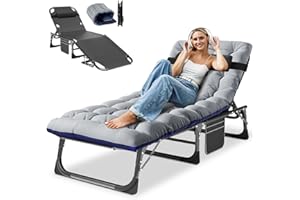 Obqer Folding Sun Loungers, 200KG Capacity Camping Bed with Cushion and Side Pockets, Adjustable Backrest, Easy to Assemble, Camp Beds for Adults, Guest Bed for Garden Pool Sunbathing