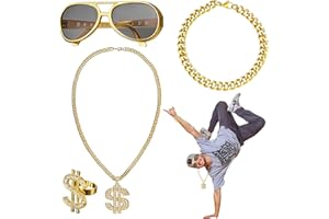 LYNBLY Kit de Disfraces de Hip Hop, 4 Piezas Accesorios de Rapero, Collar de Dólar, Anillo de Dólar, Gafas de sol Doradas, Pulsera de Oro, 80s/ 90s para Fiestas Conciertos de Rap Cosplay Carnaval