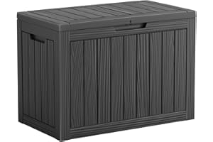Vidacharmy - Outdoor Garden Storage Box 170L / 45 Gallon, Colour Black and Wood Effect, Water-Resistant Plastic Outdoor Locker with Lockable Lid for Furniture Cushions, Logs, Tools