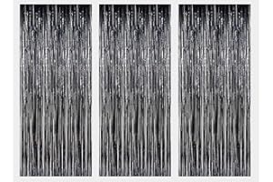 AILEXI 3 Pack 3ft*8ft Metallic Tinsel Curtains Foil Fringe Shimmer Streamers Curtain Door Window Decoration for Party Supplies - Black