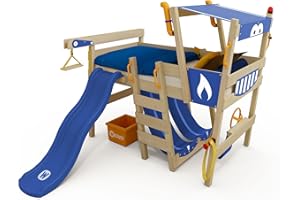 ‎WICKEY Wickey Hochbett mit Rutsche Crazy Smoky Kinderbett 90 x 200 Spielbett Kinder mit Lattenboden und viel Zubehör, Polizeibett, Blaue Plane + Blaue Rutsche