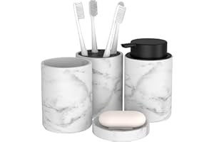 bonVIVO Marmora Set Accessori Bagno 4 Pezzi – Kit Moderno con Porta Sapone, Dispenser, Bicchiere e Porta Spazzolini – Design Elegante Effetto Marmo