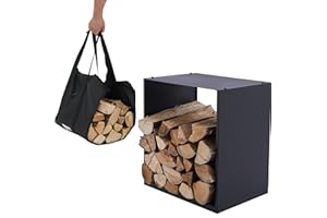 Lendo Online Kaminholzregal + Tragetasche - Innen & Außen - Feuerholzregal - Kaminholzständer - Brennholzregal - Schwarz - Metall (40x28x40cm)
