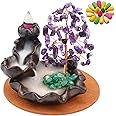Ceramic Waterfall Incense Burner, Money Tree Backflow Incense Holder Healing Crystal Stone, with 30 Backflow Incense Cones + 30 Incense Stick for Yoga Meditation Home Zen Decoration(Amethyst)
