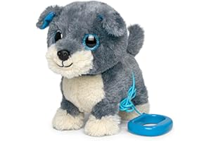 YH YUHUNG Chien Schnauzer Gris Interactif, Peluche Chien Qui Marche avec Laisse, Oreilles Bleues, Aboie et Remue la Queue, Animal de Compagnie Robot pour Enfants (Gris)